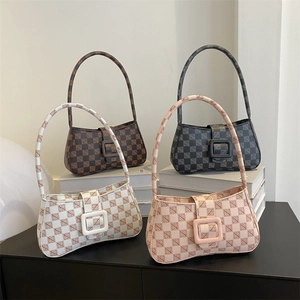 Chic checkered shoulder bags in dark brown, grey, cream, and pink with large square buckles