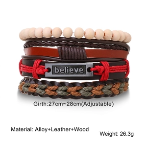 Handmade multilayer leather bracelet set with wooden beads and engraved believe plate