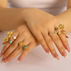 Stainless Steel Open Rings For Women Gold Plated Adjustable Natural Stone Zircon Flower Leaf Water Drop Waterproof