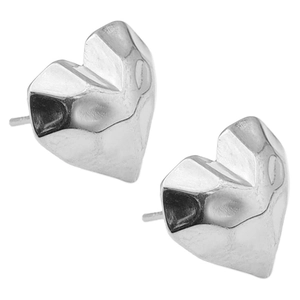 Close-up of silver geometric heart stud earrings made of 304 stainless steel