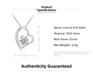 Detailed specs of S925 silver heart necklace with zircon pendant and dimensions