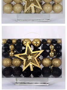 Detail of Christmas ball sets in gold and black with glitter and matte finishes