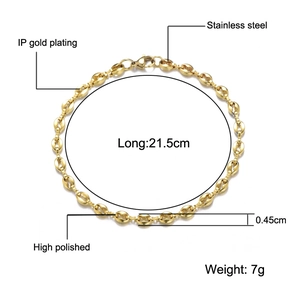 Polished 4.5mm stainless steel coffee bean link bracelet with IP gold plating finish