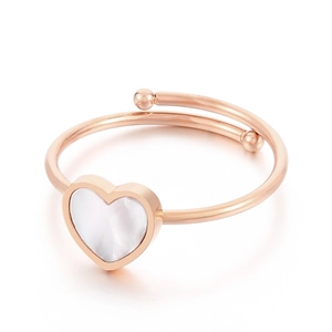 Rose gold heart ring with white shell inlay and minimalist adjustable double ball band
