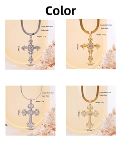 Detailed specs of cross necklaces with zircon inlays and snake chains shown in 2x2 grid