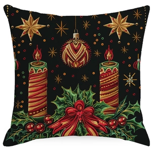 Christmas themed black pillow cover with high-quality embroidery of candles and holly leaves