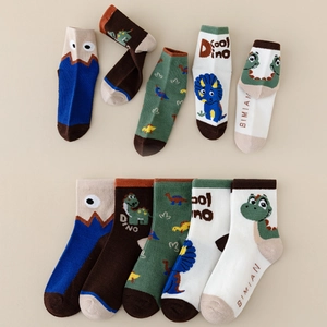 5-pack of colorful dinosaur themed cotton knit mid-calf socks for boys and girls