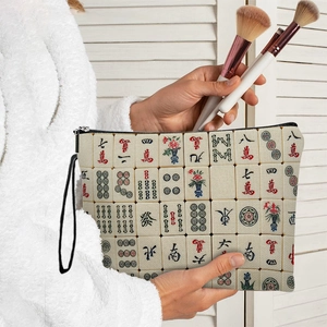 Mahjong pattern striped makeup bag with zipper and wristlet for daily storage
