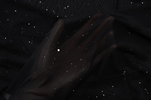 Détail de maille noire transparente avec paillettes scintillantes et drapé élégant
