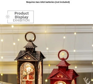 Christmas lantern detail showing miniature Santa scene and battery compartment info