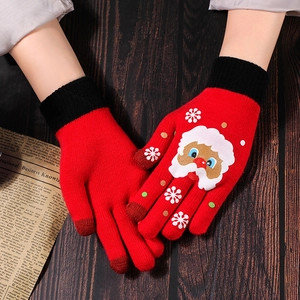Winter knitted touchscreen gloves with Santa embroidery and festive snowflake patterns