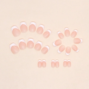 Short ballet white French tip press-on nails set with soft pink translucent base color