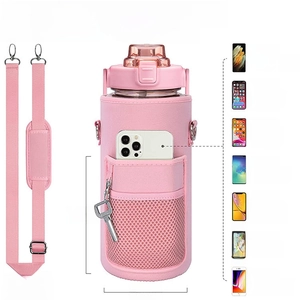 Pink SBR pouch detail with phone pocket, mesh bag, and adjustable shoulder strap dimensions