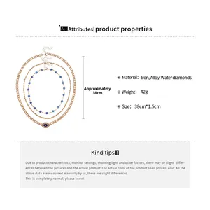 Detailed view of 3-layer gold evil eye necklace with size 38cm and material specs