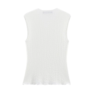 White textured sleeveless top for women with elegant pleated fabric detail on plain background