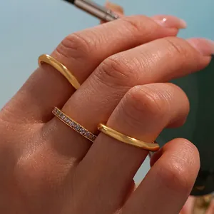 Stacking Rings For Women Stainless Steel 18K Gold Plated 5A Zircon Inlaid Three Layer Commute Fashion Jewelry