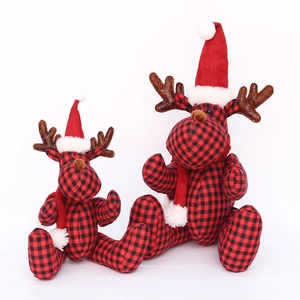 Red and black buffalo plaid reindeer plush set with Christmas hats and scarves decor