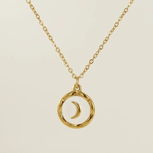 Elegant 18K gold-plated moon pendant necklace with white enamel inlay for women