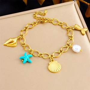 Ocean Theme Pendant Bracelet Stainless Steel Gold Plated With Artificial Pearl Starfish Shell Fish Tail Charms For Women Beach Style