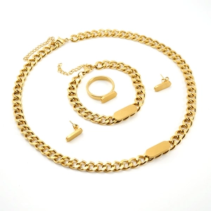 Cuban Link Necklace Bracelet Ring Earrings Gold Titanium Steel Hip Hop Style Rectangular Plate Men Women