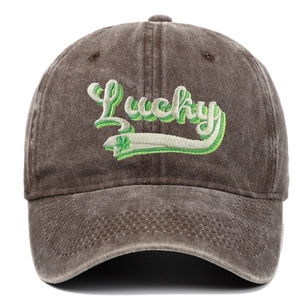 Washed brown baseball cap with green Lucky embroidery for St. Patrick's Day