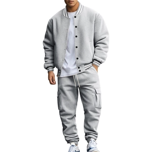 Men's grey track suit with detailed stand collar baseball jacket and cargo jogger pants