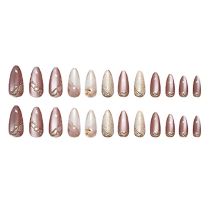 Faux ongles œil de chat marron avec lignes dorées 3D et strass, lot de 24 pièces