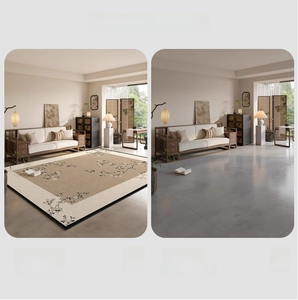 Visual contrast of modern living room with and without new Chinese floral area rug