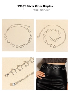 Detailed close-up of hollow star-shaped metal waist chain with lobster clasp and adjustable tail