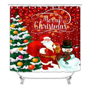 Waterproof Christmas shower curtain with snowman and Santa Claus print for bathroom decor