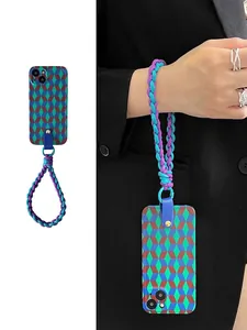 Geometric Cube Pattern Silicone Soft Phone Case With Woven Lanyard For iPhone 15 14 13 12 11 Pro Max Crossbody Strap Cover