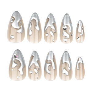 French 3D silver almond fake nails with rhinestones and liquid metal patterns
