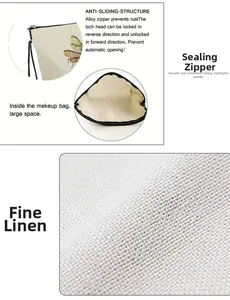 Detail of dragonfly makeup bag showing fine linen fabric and anti-slip alloy zipper