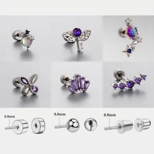 Cartilage Stud Earrings Titanium Steel Purple Zircon Butterfly Star Moon Crown Key Design Screw Back Piercing Jewelry For Women