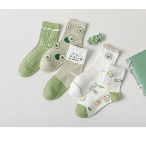 Detailed flat lay of 5-pack avocado green cotton socks with various patterns