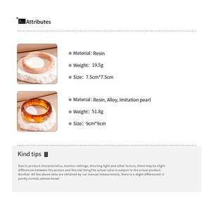 Spécifications détaillées des bracelets en résine avec dimensions et poids précis