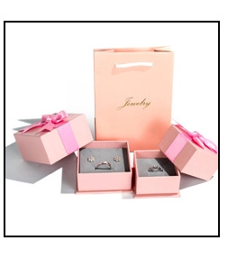 Pink gift box set with Jewelry logo and ribbon for earrings and rings packaging