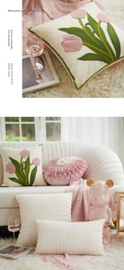 Detail of Nordic pink tulip embroidery on luxury velvet and seersucker sofa cushions