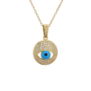 Gold-plated geometric disk evil eye pendant necklace with micro-paved cubic zirconia