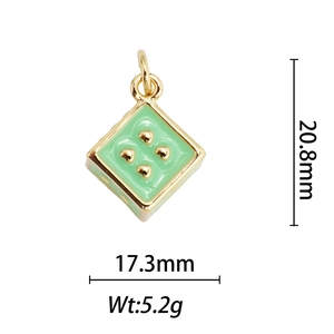Detail view of a green enamel square pendant with gold heart accents and size dimensions