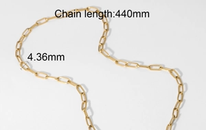 Detailed specs showing 440mm length and 4.36mm width for golden paperclip chain necklace