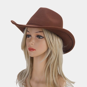 Detailed view of a brown wide-brimmed wool fedora hat with classic western cowboy style