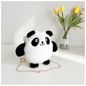 Detail of cute panda plush crossbody bag with soft texture and golden metal chain strap