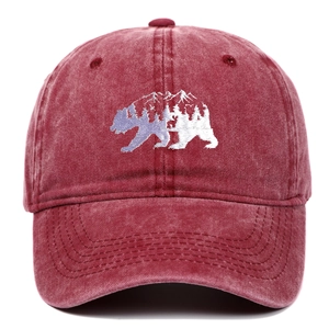 Gorra de béisbol vintage de algodón lavado con bordado de oso y paisaje de montaña