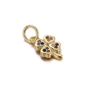 Detailed close-up of 18K gold-plated four-leaf clover pendant with colorful gemstones