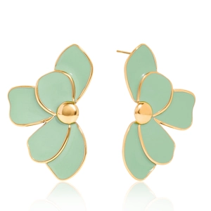 Detail of mint green flower earrings with gold finish and elegant petal design
