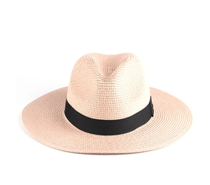 Close-up of woven straw texture and black fabric ribbon on beige Panama hat
