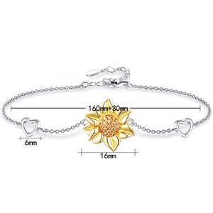 Detail of s925 silver sunflower bracelet with dimensions 160mm length and 16mm pendant