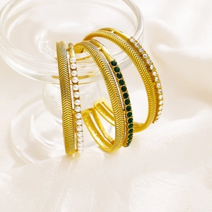 Three-piece gold stainless steel open bangles with pearls, emeralds and zircons