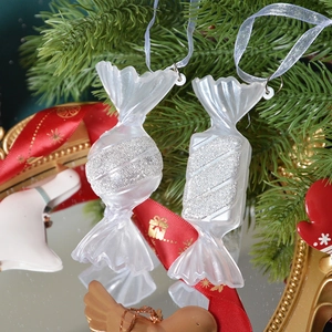 Eleganti ornamenti natalizi a forma di caramella bianco perlato con glitter argento